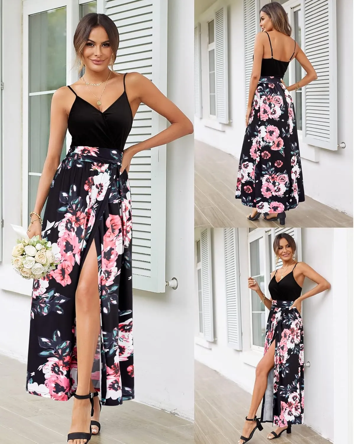 Newshows Women Summer 2025 Maxi Dress Vacation Floral Spaghetti Strap Spring Casual Boho Split Beach Long Flowy Sundress