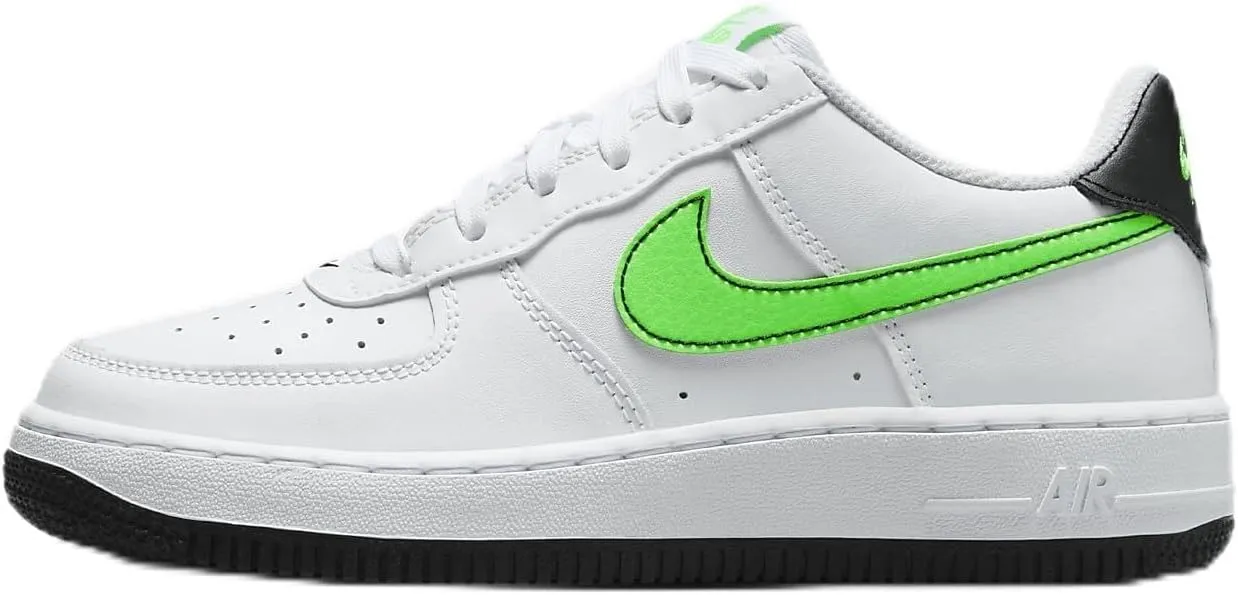 Nike Air Force 1 Big Kids' Shoes (FV5948-106, White/Black/Green Strike) Size 1