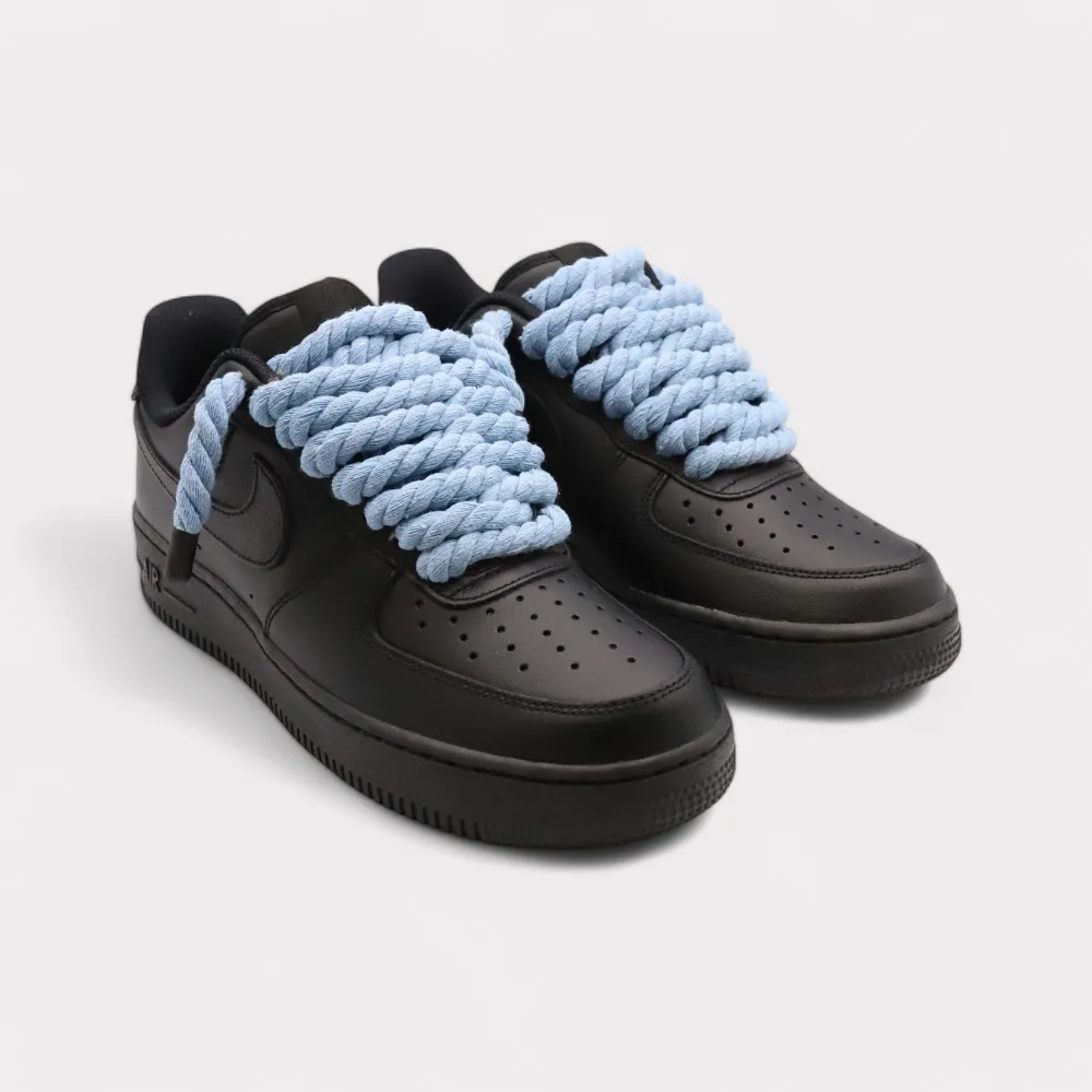Nike Air Force 1 Black - Rope Lace Light Blue