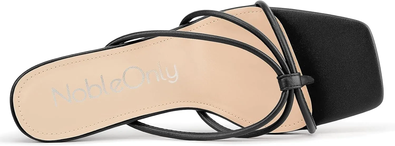 NobleOnly Womens Strappy Kitten Heels Square Open Toe Thong Heels Flip Flop Heels Dress Prom Slip-on Mule Heels 2.6 Inches Heels