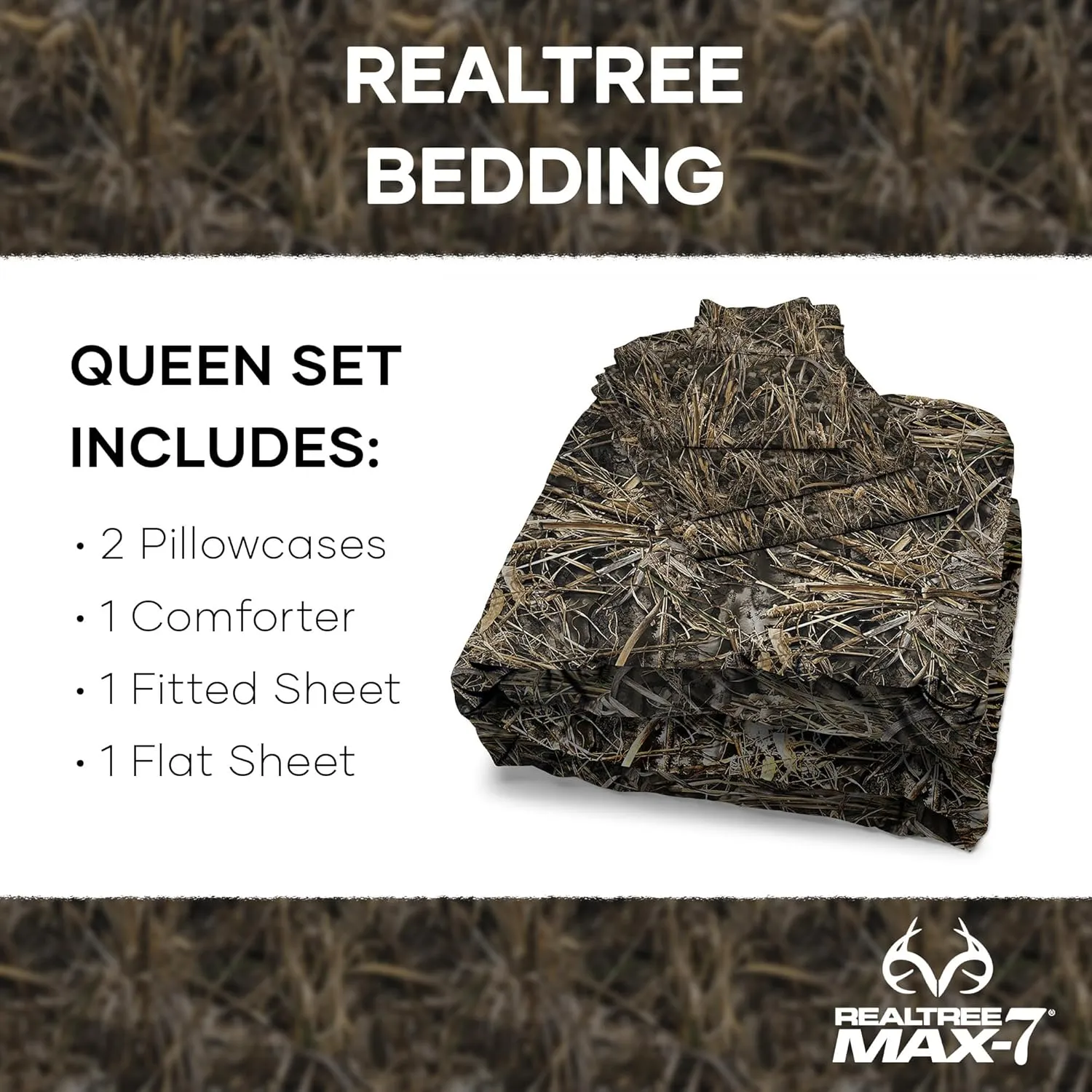 Northwest Realtree Queen Bed in a Bag Set, 1 Comforter, 1 Fitted Sheet, 1 Flat Sheet, 2 Pillowcases, All Seasons, Camo Bedding, MAX 7