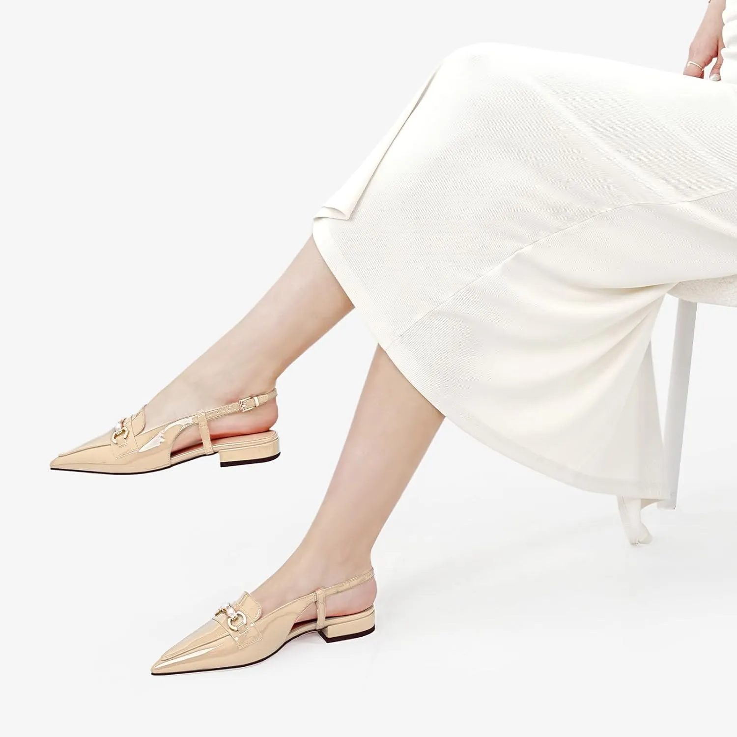 Oh Mispares Slingback Flats for Women Closed Pointed Toe Low Heel Flat Sandals with Pearl Slip On Gold Flats Shoes for Women Wedding Office Causal