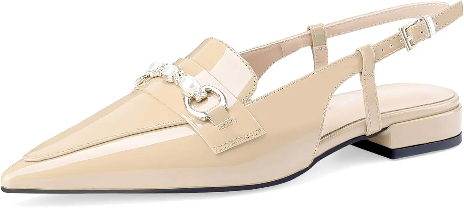 Oh Mispares Slingback Flats for Women Closed Pointed Toe Low Heel Flat Sandals with Pearl Slip On Gold Flats Shoes for Women Wedding Office Causal