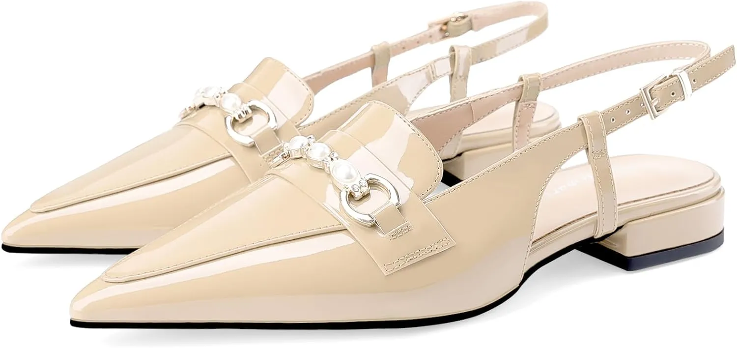 Oh Mispares Slingback Flats for Women Closed Pointed Toe Low Heel Flat Sandals with Pearl Slip On Gold Flats Shoes for Women Wedding Office Causal