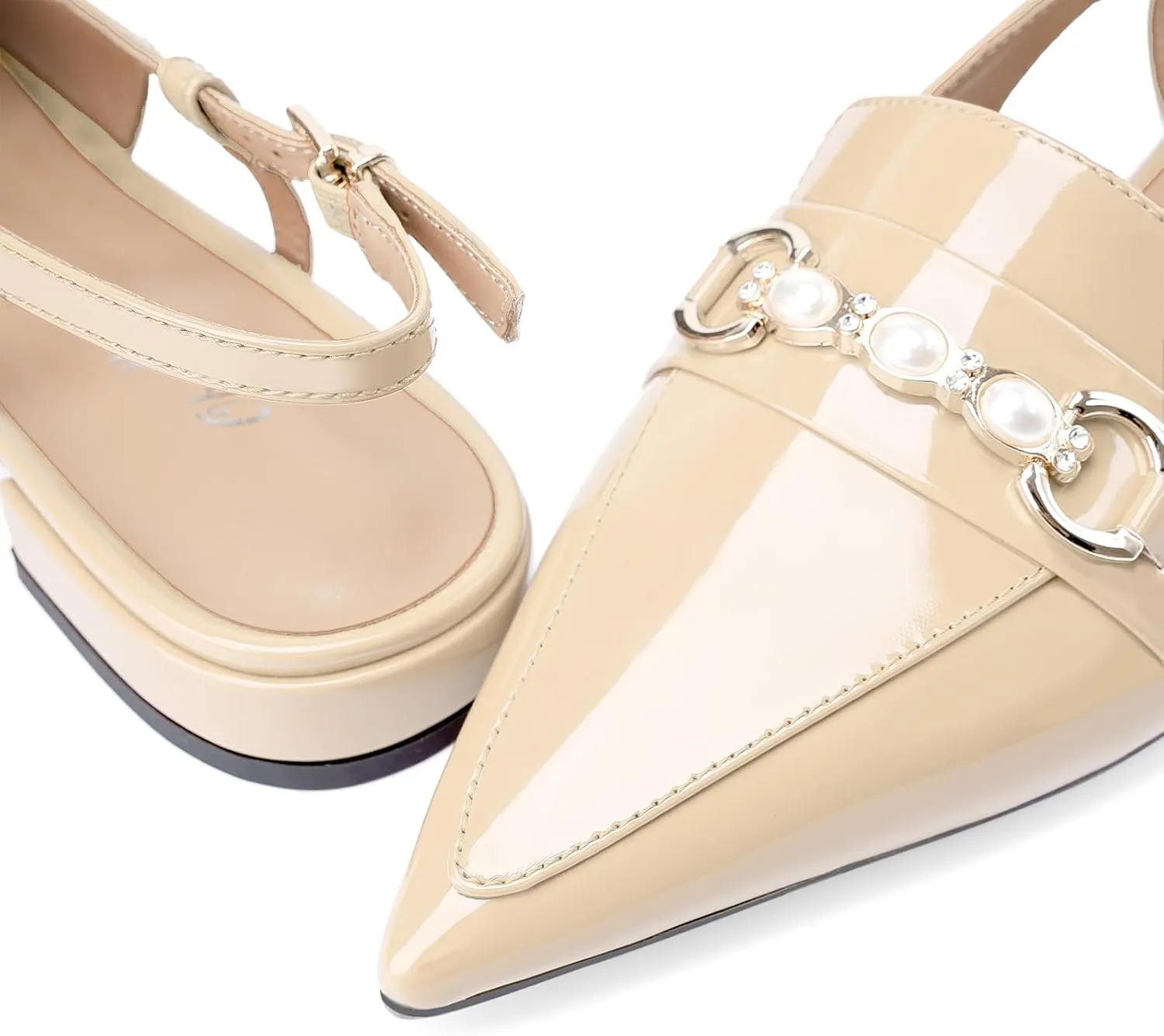 Oh Mispares Slingback Flats for Women Closed Pointed Toe Low Heel Flat Sandals with Pearl Slip On Gold Flats Shoes for Women Wedding Office Causal
