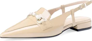 Oh Mispares Slingback Flats for Women Closed Pointed Toe Low Heel Flat Sandals with Pearl Slip On Gold Flats Shoes for Women Wedding Office Causal