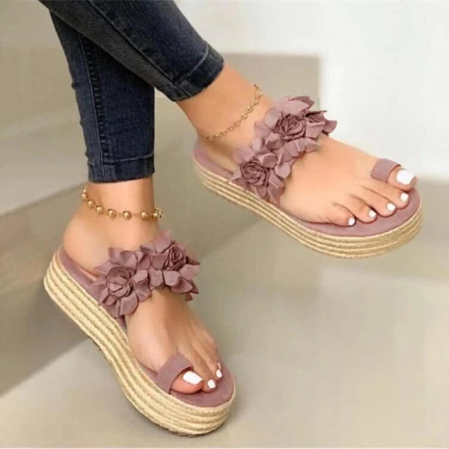 oiangi Summer Espadrille Sandals for Women Fashion Flower Strap Toe Ring Open Toe Platform Sandals Comfortable Casual Trendy Slip On Beach Shoes
