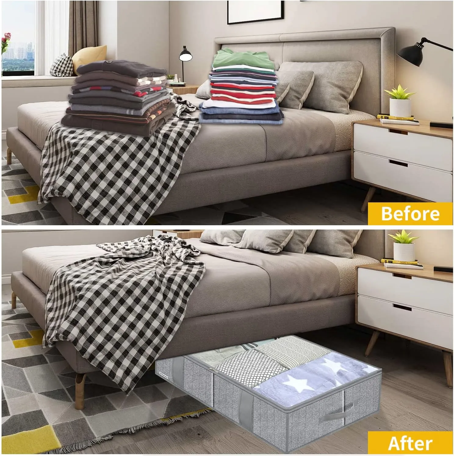 Onlyeasy Breathable Under Bed Storage Bags with 4 Reinforced Handles and Sturdy Side Wall, 2 Pack Eco-friendly Underbed Clothing Blankets Organizer with 2 Strong Zippers, Herringbone Grey, MXRUBBSS2P