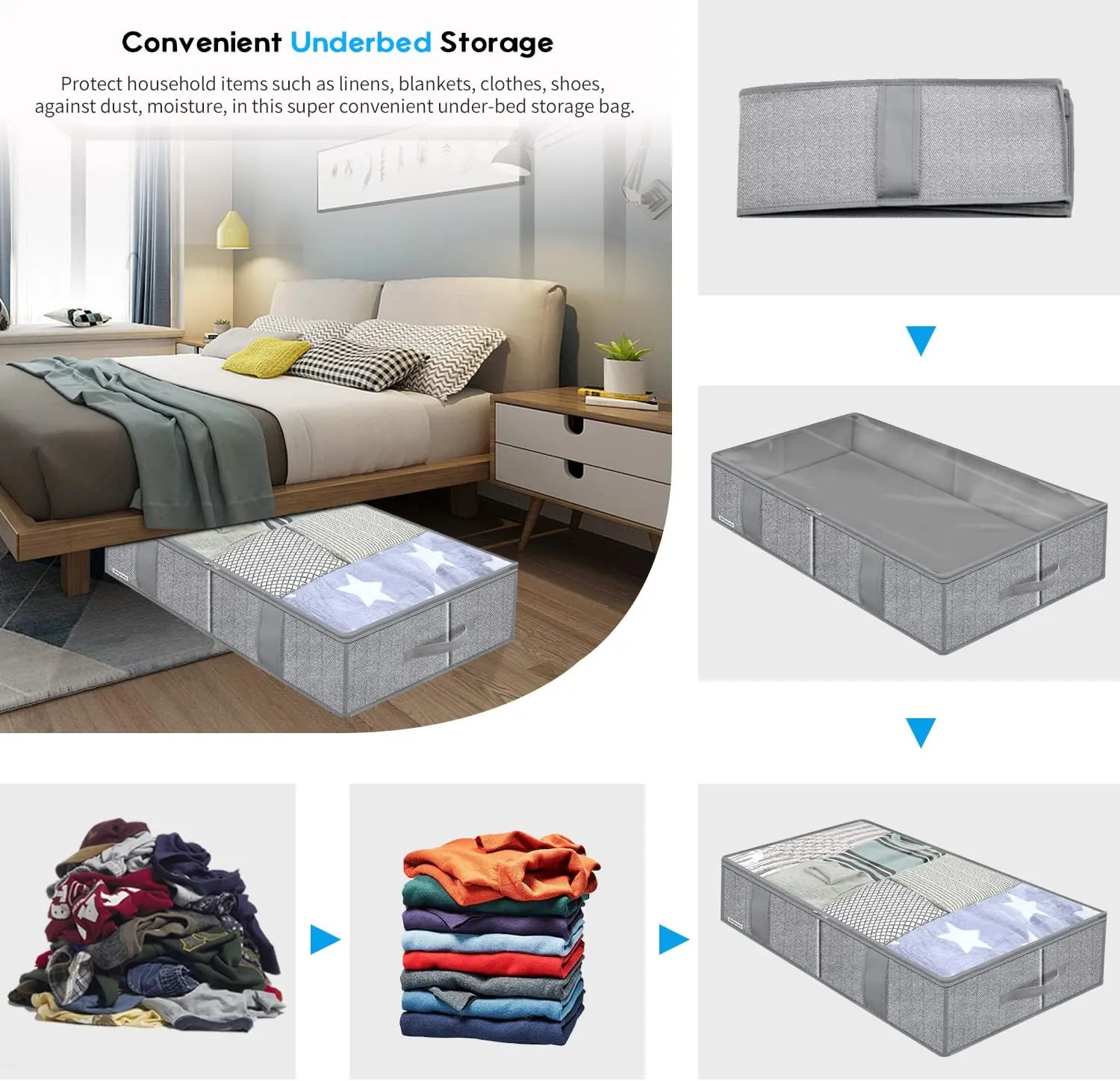 Onlyeasy Breathable Under Bed Storage Bags with 4 Reinforced Handles and Sturdy Side Wall, 2 Pack Eco-friendly Underbed Clothing Blankets Organizer with 2 Strong Zippers, Herringbone Grey, MXRUBBSS2P