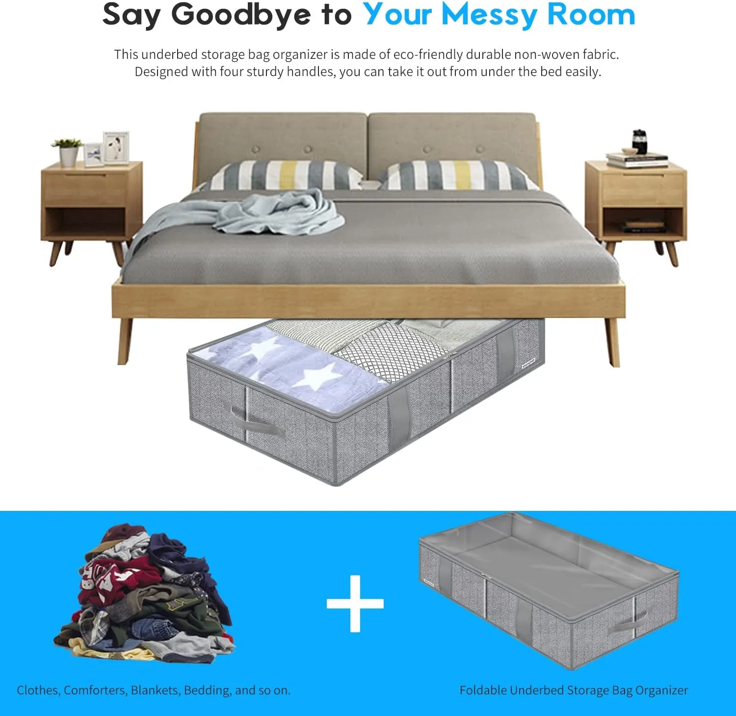 Onlyeasy Breathable Under Bed Storage Bags with 4 Reinforced Handles and Sturdy Side Wall, 2 Pack Eco-friendly Underbed Clothing Blankets Organizer with 2 Strong Zippers, Herringbone Grey, MXRUBBSS2P