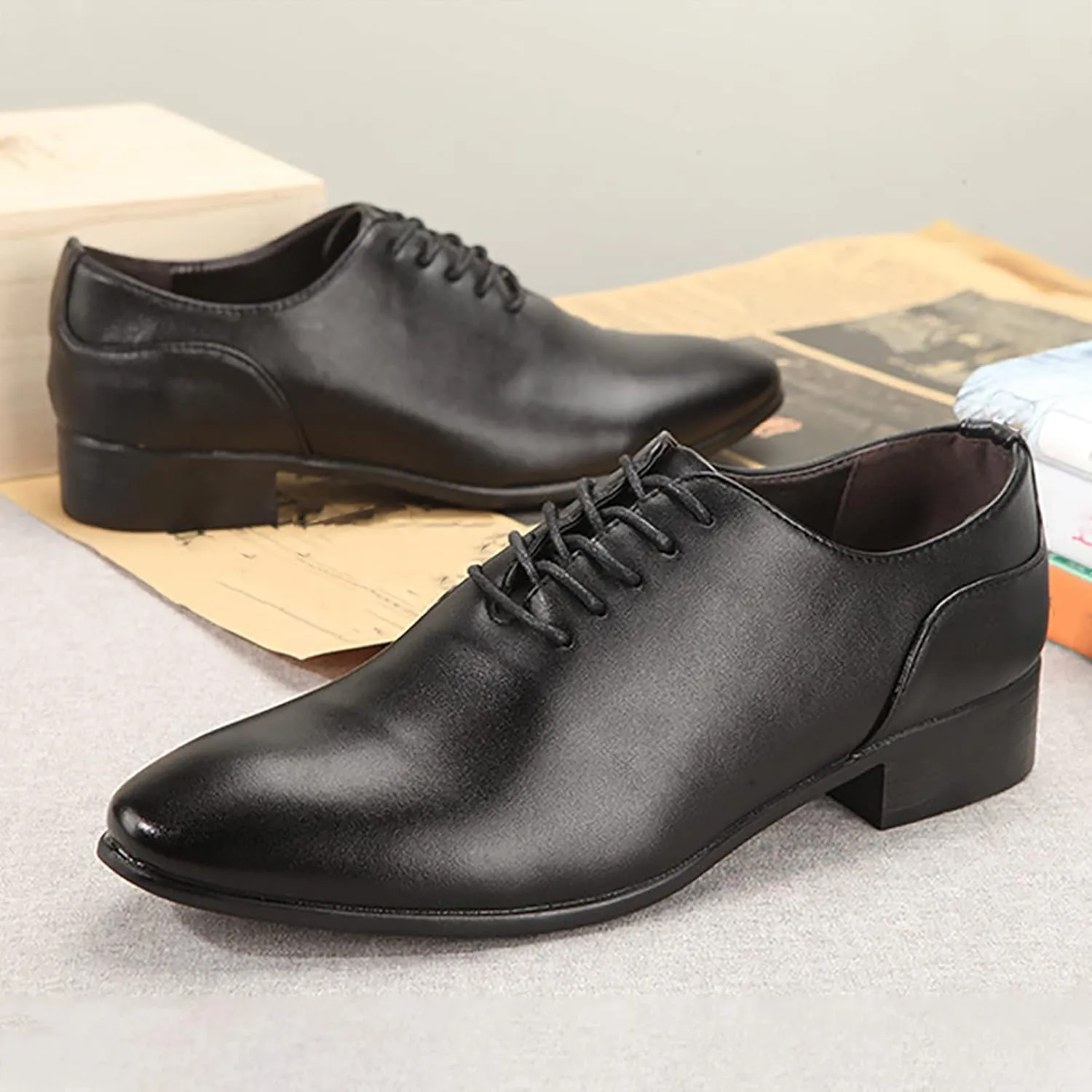 Orthopedic Leather Shoes for Men Solid Color Pointed Toe Shoes Lace Up Business Cowhide Shoes for Men