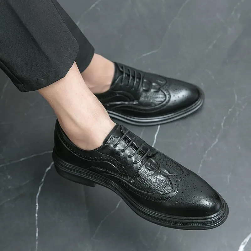 Oxford Shoes for Men Lace Up Round Toe Leather Crocodile Print Patchwork Wingtips Low Top Anti-Slip Non Slip Resistant Classic