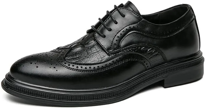 Oxford Shoes for Men Lace Up Round Toe Leather Crocodile Print Patchwork Wingtips Low Top Anti-Slip Non Slip Resistant Classic