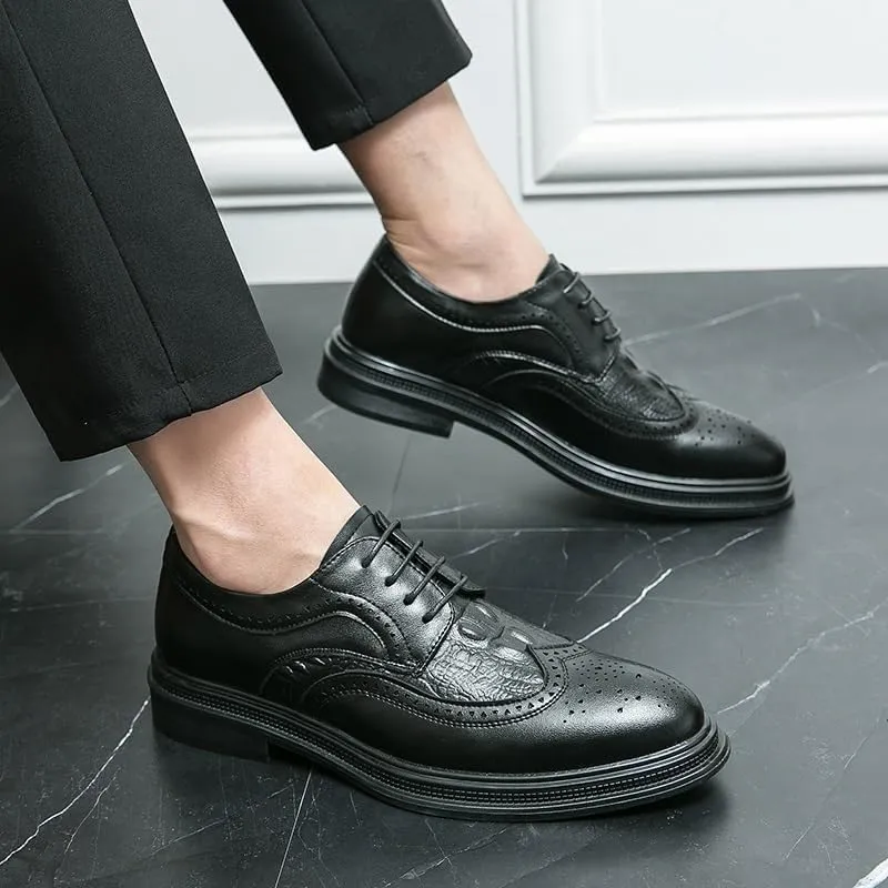 Oxford Shoes for Men Lace Up Round Toe Leather Crocodile Print Patchwork Wingtips Low Top Anti-Slip Non Slip Resistant Classic