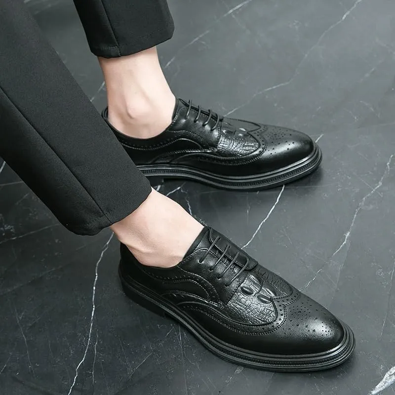 Oxford Shoes for Men Lace Up Round Toe Leather Crocodile Print Patchwork Wingtips Low Top Anti-Slip Non Slip Resistant Classic