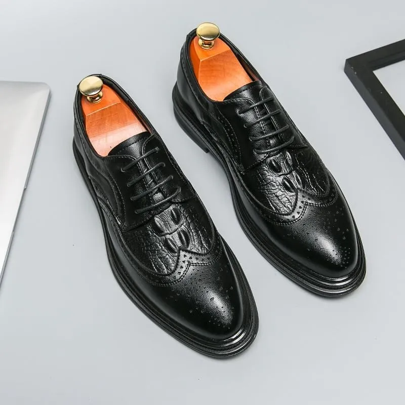 Oxford Shoes for Men Lace Up Round Toe Leather Crocodile Print Patchwork Wingtips Low Top Anti-Slip Non Slip Resistant Classic