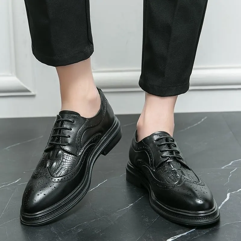 Oxford Shoes for Men Lace Up Round Toe Leather Crocodile Print Patchwork Wingtips Low Top Anti-Slip Non Slip Resistant Classic