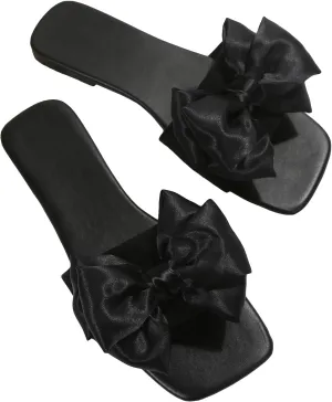 OYOANGLE Women's Bow Decor Square Open Toe Flat Sandals Lightweight Breathable Slip on Dressy Sandals