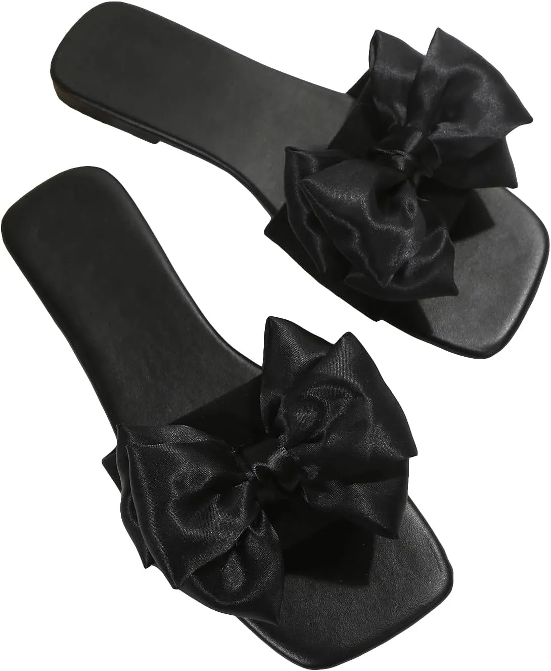 OYOANGLE Women's Bow Decor Square Open Toe Flat Sandals Lightweight Breathable Slip on Dressy Sandals