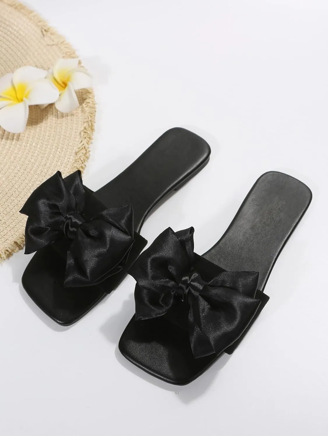 OYOANGLE Women's Bow Decor Square Open Toe Flat Sandals Lightweight Breathable Slip on Dressy Sandals