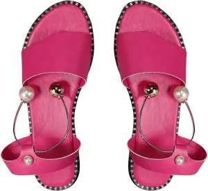 OYOANGLE Women's Pearl Decor Clear Straps Open Toe Flat Sandals Leather Outdoor Beach Sandals