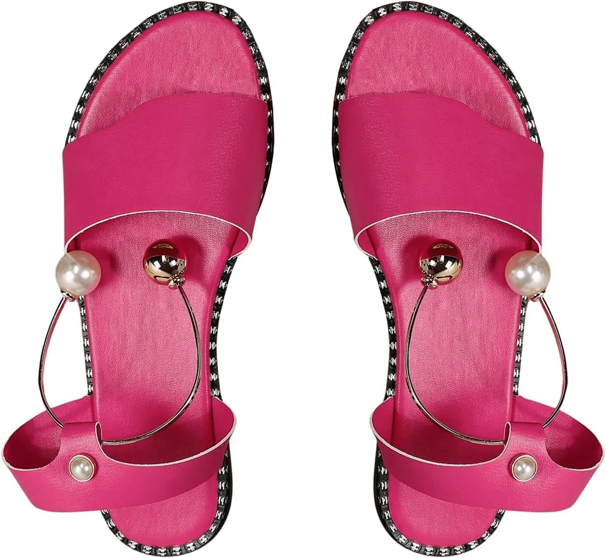 OYOANGLE Women's Pearl Decor Clear Straps Open Toe Flat Sandals Leather Outdoor Beach Sandals