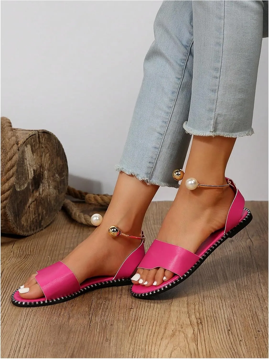OYOANGLE Women's Pearl Decor Clear Straps Open Toe Flat Sandals Leather Outdoor Beach Sandals