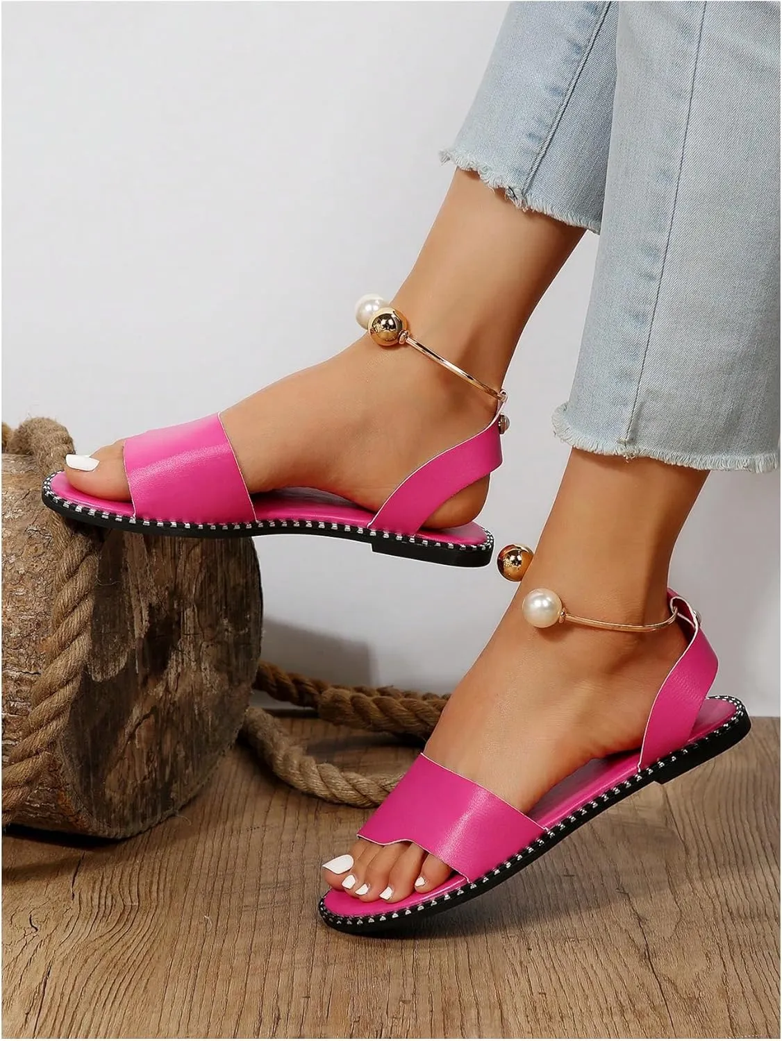 OYOANGLE Women's Pearl Decor Clear Straps Open Toe Flat Sandals Leather Outdoor Beach Sandals