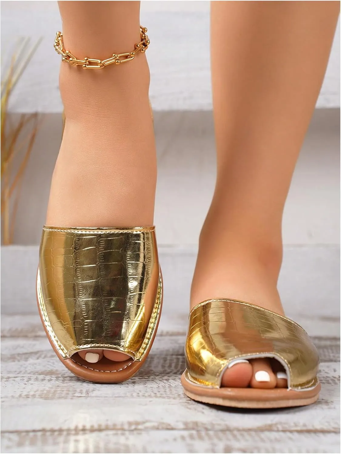 OYOANGLE Women's Peep Toe Slingback Flat Sandals Summer Comfortable Outdoor Casual Slides