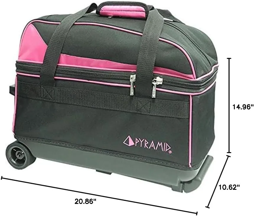 Pyramid Prime Double Roller 2 Ball Bowling Bag with Large Separate Compartment for Bowling Shoes (Up To US Mens Size 16) or Accessories, Locking Handle - Extends to 40"