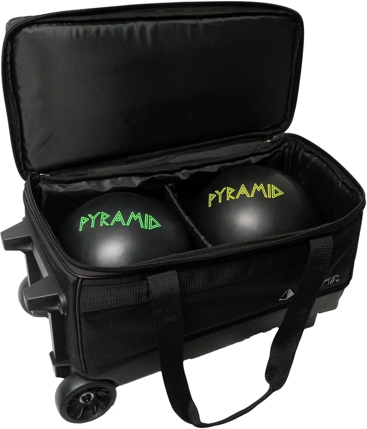 Pyramid Prime Double Roller 2 Ball Bowling Bag with Large Separate Compartment for Bowling Shoes (Up To US Mens Size 16) or Accessories, Locking Handle - Extends to 40"