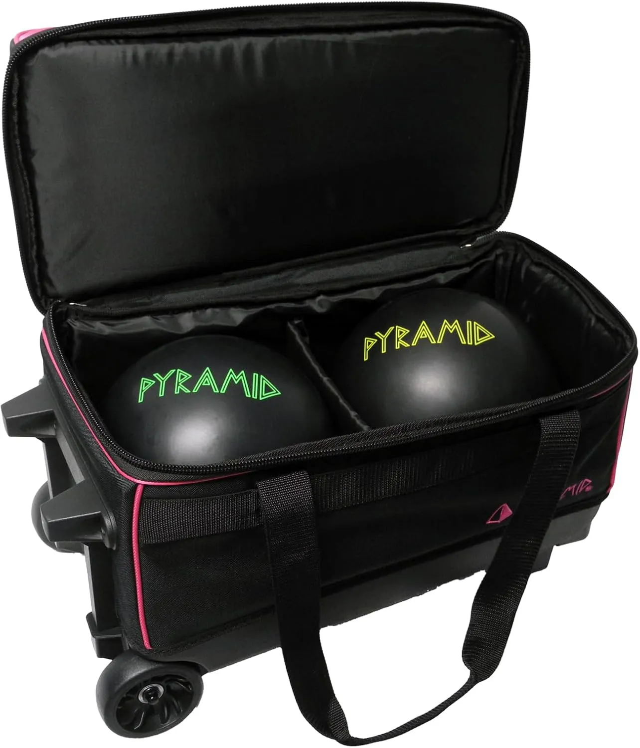 Pyramid Prime Double Roller 2 Ball Bowling Bag with Large Separate Compartment for Bowling Shoes (Up To US Mens Size 16) or Accessories, Locking Handle - Extends to 40"