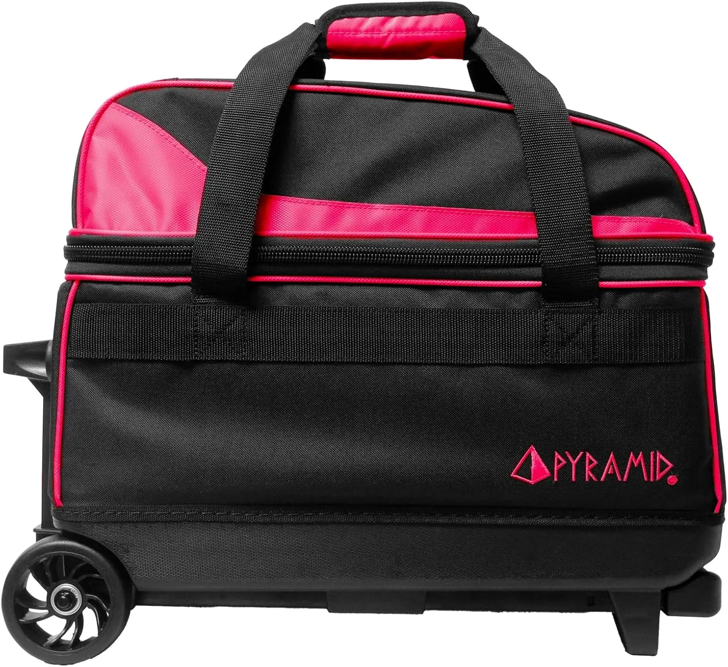Pyramid Prime Double Roller 2 Ball Bowling Bag with Large Separate Compartment for Bowling Shoes (Up To US Mens Size 16) or Accessories, Locking Handle - Extends to 40"