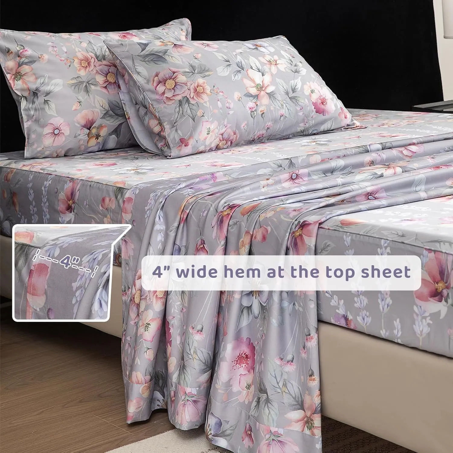 QSH Gray Floral Sheets Queen Size，Egyptian Cotton Sheets Queen Size Set Luxury Silk Feel Flowers Botanical Pattern Printed Bedding Sheet Extra Soft and Breathable 17.5" Deep Pockets Bed Sheet 4pcs