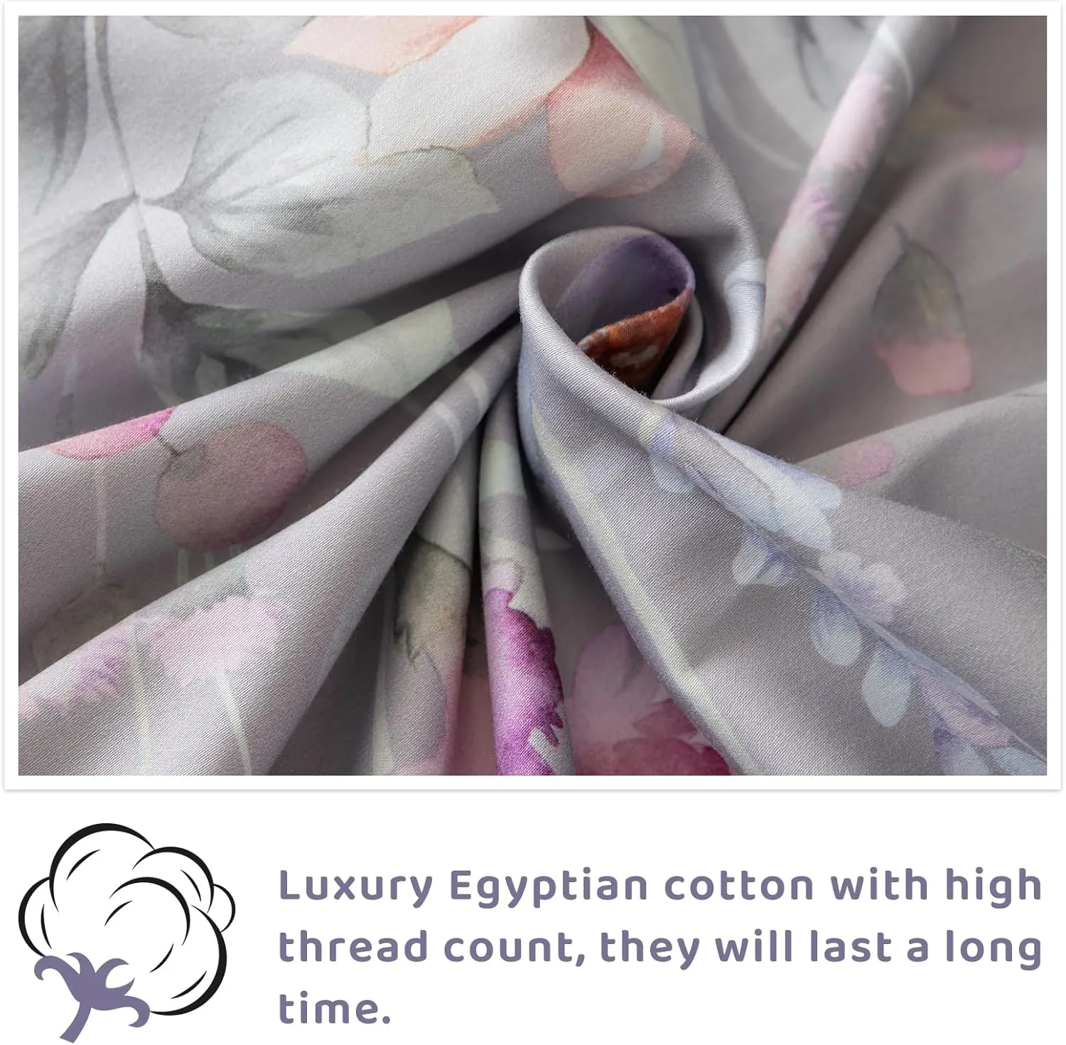 QSH Gray Floral Sheets Queen Size，Egyptian Cotton Sheets Queen Size Set Luxury Silk Feel Flowers Botanical Pattern Printed Bedding Sheet Extra Soft and Breathable 17.5" Deep Pockets Bed Sheet 4pcs