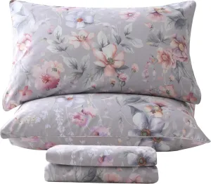 QSH Gray Floral Sheets Queen Size，Egyptian Cotton Sheets Queen Size Set Luxury Silk Feel Flowers Botanical Pattern Printed Bedding Sheet Extra Soft and Breathable 17.5" Deep Pockets Bed Sheet 4pcs