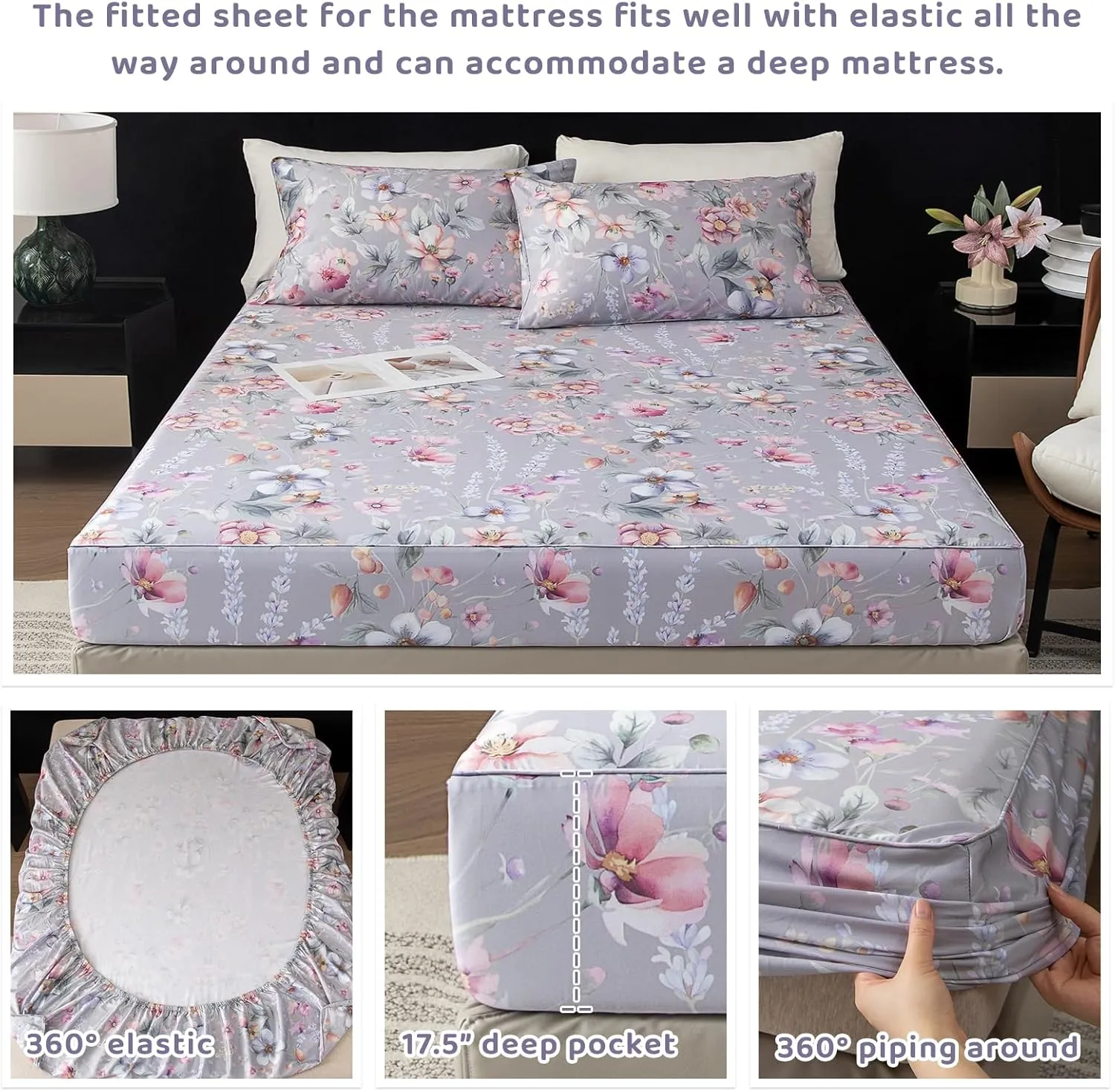 QSH Gray Floral Sheets Queen Size，Egyptian Cotton Sheets Queen Size Set Luxury Silk Feel Flowers Botanical Pattern Printed Bedding Sheet Extra Soft and Breathable 17.5" Deep Pockets Bed Sheet 4pcs