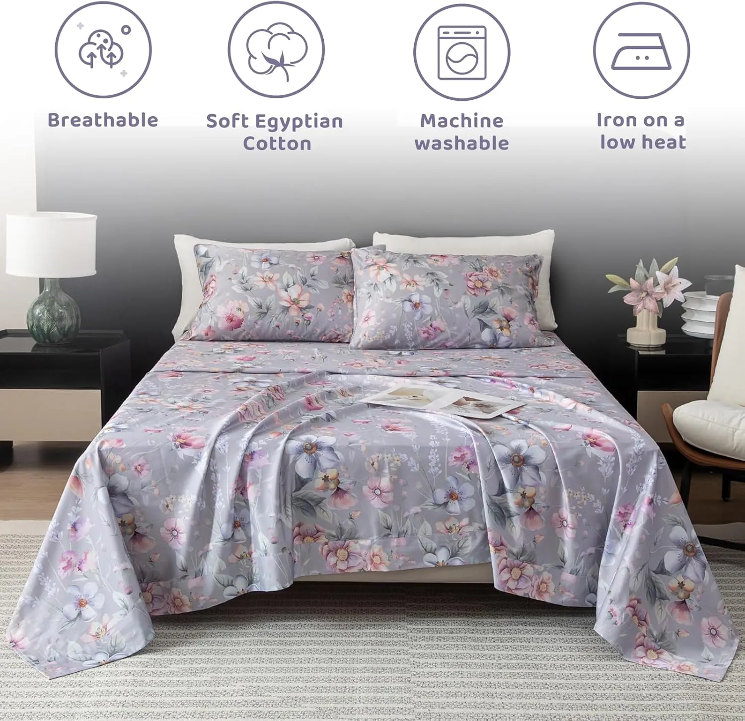 QSH Gray Floral Sheets Queen Size，Egyptian Cotton Sheets Queen Size Set Luxury Silk Feel Flowers Botanical Pattern Printed Bedding Sheet Extra Soft and Breathable 17.5" Deep Pockets Bed Sheet 4pcs