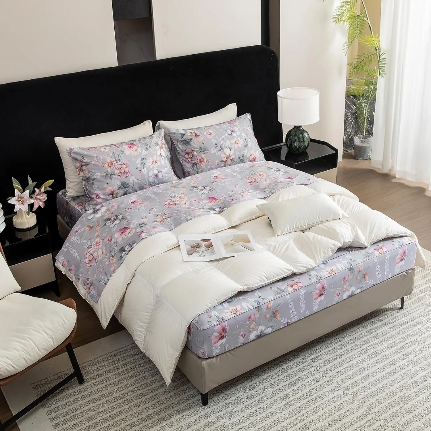 QSH Gray Floral Sheets Queen Size，Egyptian Cotton Sheets Queen Size Set Luxury Silk Feel Flowers Botanical Pattern Printed Bedding Sheet Extra Soft and Breathable 17.5" Deep Pockets Bed Sheet 4pcs