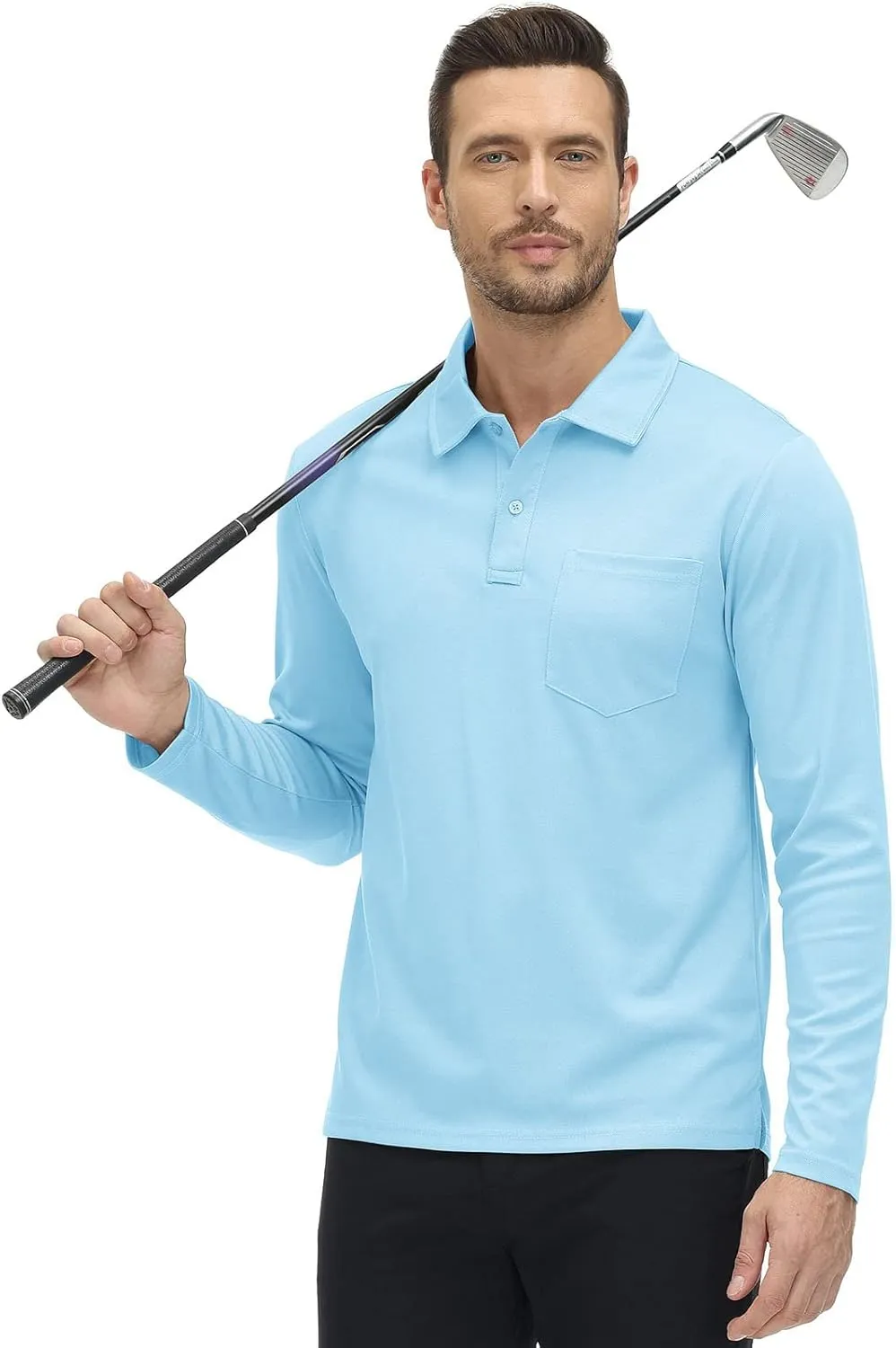 Rdruko Men's Polo with Pocket Long Sleeve Quick Dry Outdoor Golf Pullover Collared T-Shirt