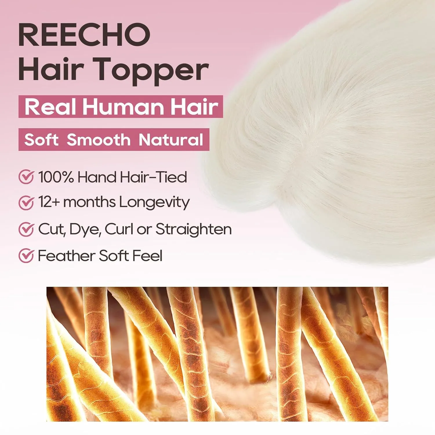 REECHO Human Hair Topper, 10 Inch Hair Toppers for Women Real Human Hair, Real Human Wiglet Adding Targeted Coverage for Thinning Hair, White Blonde