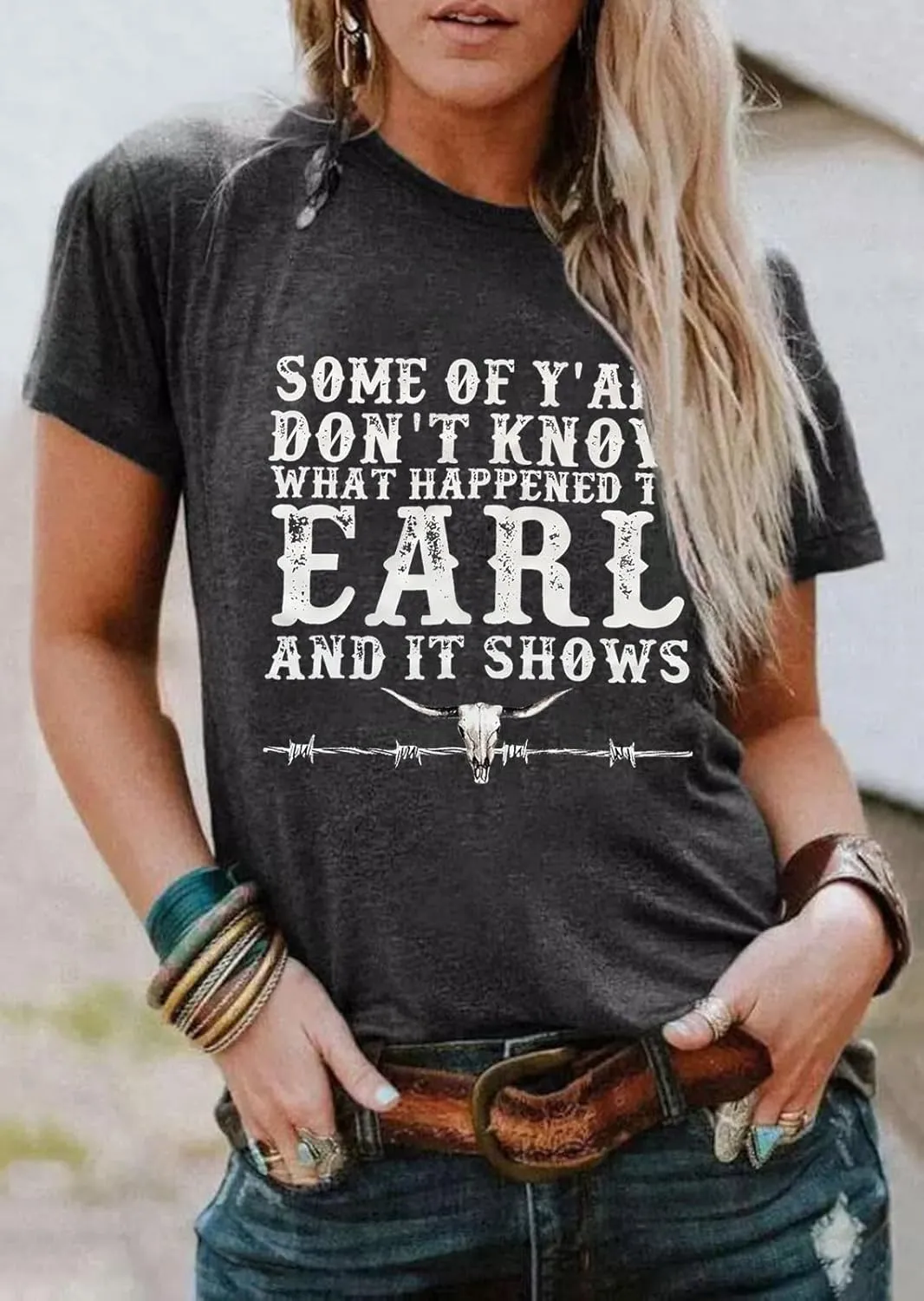 Retro Steer Skull Western T-Shirt Women Vintage Country Music Shirt Cute Cowgirl Graphic Cowboy Tees Tops
