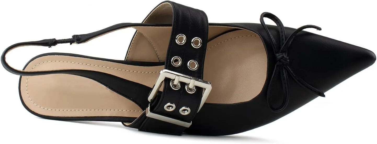 RF ROOM OF FASHION Women's Pointed Toe Slingback Mule Kitten Heel Pumps, Buckle Crystal Jeweled Design, Mary Jane Style