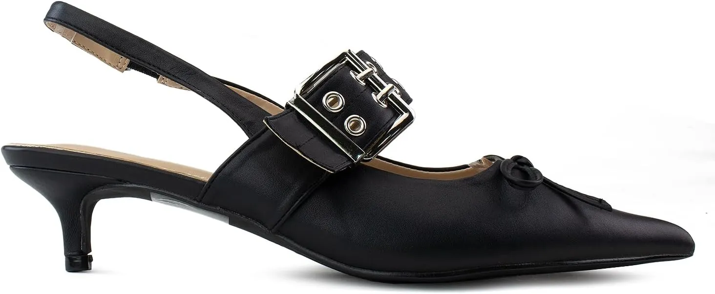 RF ROOM OF FASHION Women's Pointed Toe Slingback Mule Kitten Heel Pumps, Buckle Crystal Jeweled Design, Mary Jane Style