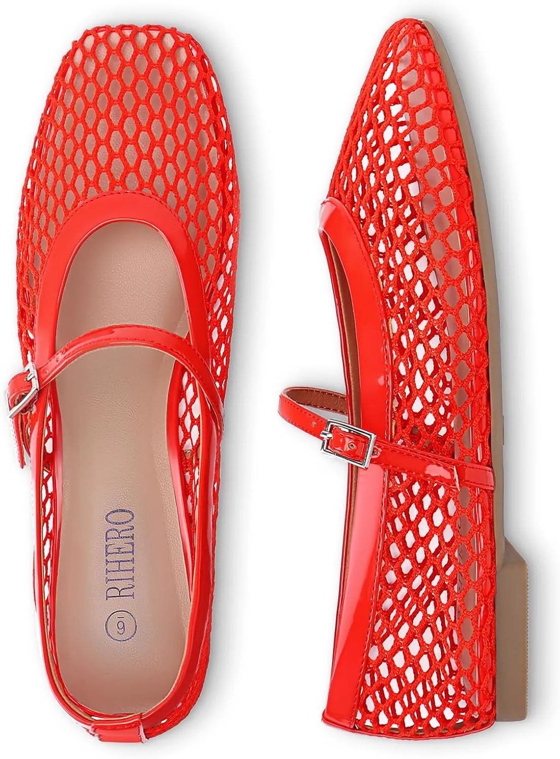 Rihero Mesh Ballet Flats for Women Comfortable Square Toe Ballerina Flats Buckle Strap Casual Fishnet Flat Shoes