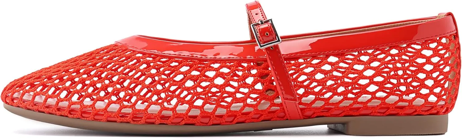 Rihero Mesh Ballet Flats for Women Comfortable Square Toe Ballerina Flats Buckle Strap Casual Fishnet Flat Shoes