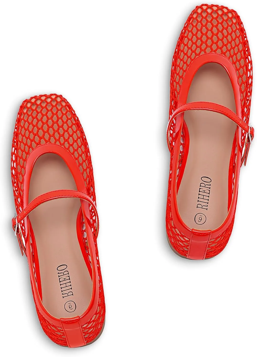 Rihero Mesh Ballet Flats for Women Comfortable Square Toe Ballerina Flats Buckle Strap Casual Fishnet Flat Shoes