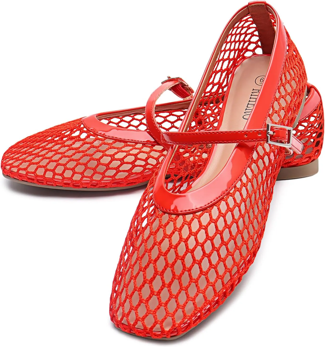 Rihero Mesh Ballet Flats for Women Comfortable Square Toe Ballerina Flats Buckle Strap Casual Fishnet Flat Shoes