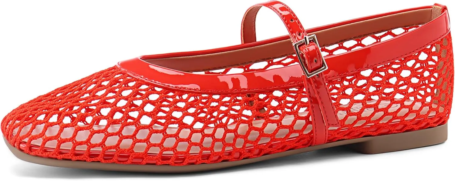 Rihero Mesh Ballet Flats for Women Comfortable Square Toe Ballerina Flats Buckle Strap Casual Fishnet Flat Shoes