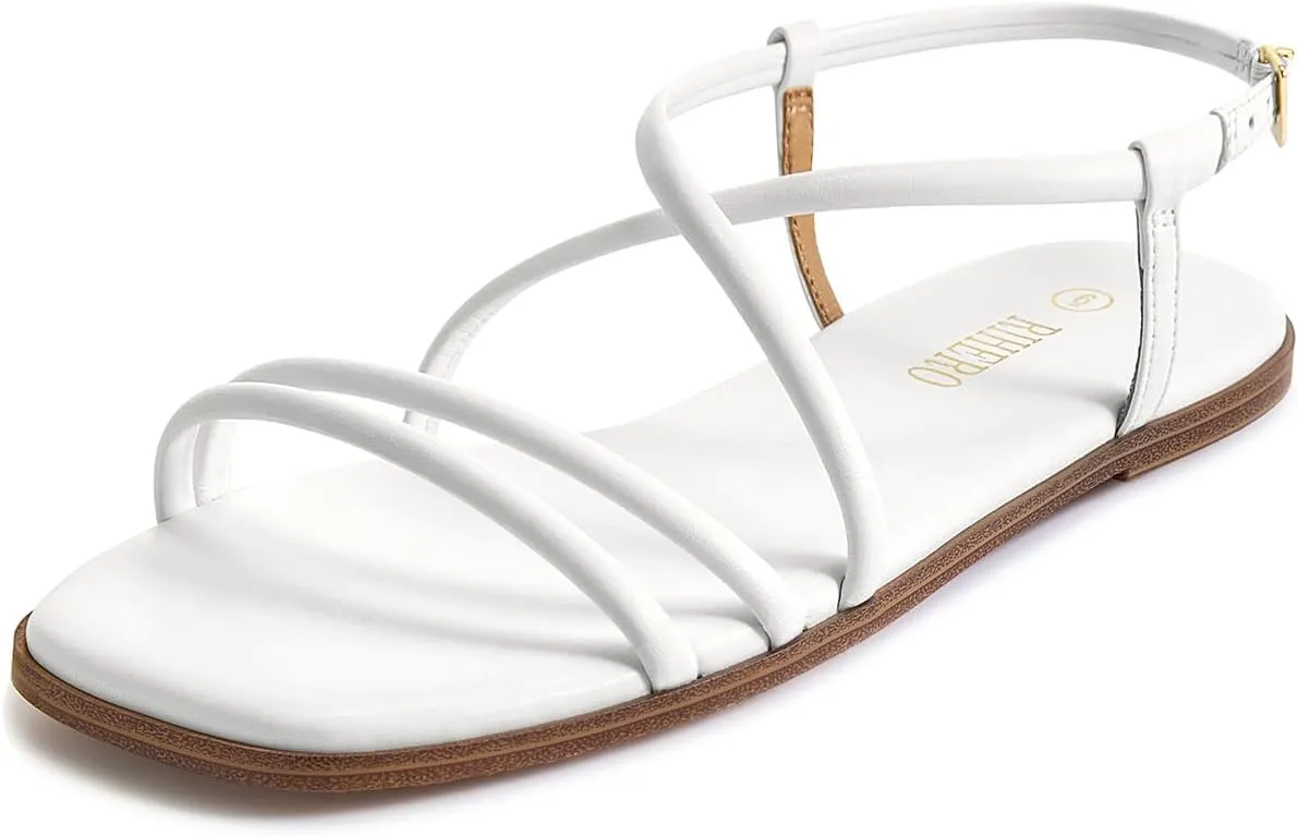 Rihero Women's Strappy Flat Sandals Summer Lace Up Open Toe Comfortable Slip-On Ankle Strap Sandals
